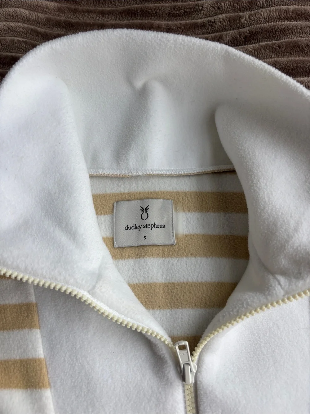 Dudley Stephens Cream and Tan Striped Half-Zip Sweater
